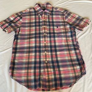 Polo short sleeve button up plaid pink and blue.